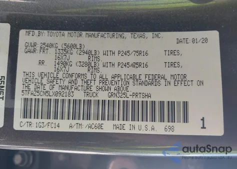 2020 Toyota Tacoma Sr5 V6 z USA, uszkodzony, nr VIN 5TFAZ5CN5LX092183